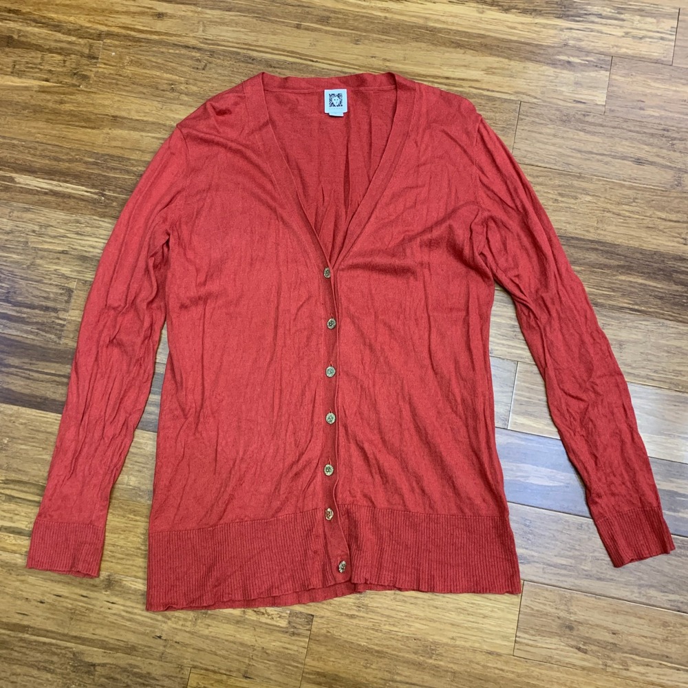 Anne Klein Womens XL Red Button‎ Front Long Sleeve Cardigan Sweater Lightweight